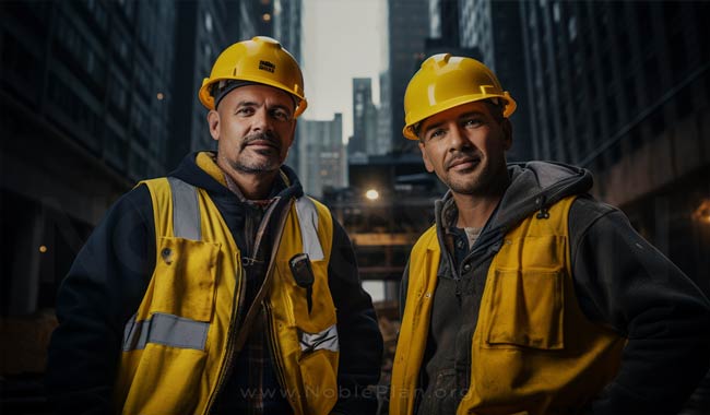 Trabajadores de la construcción vestidos de amarillo y negro